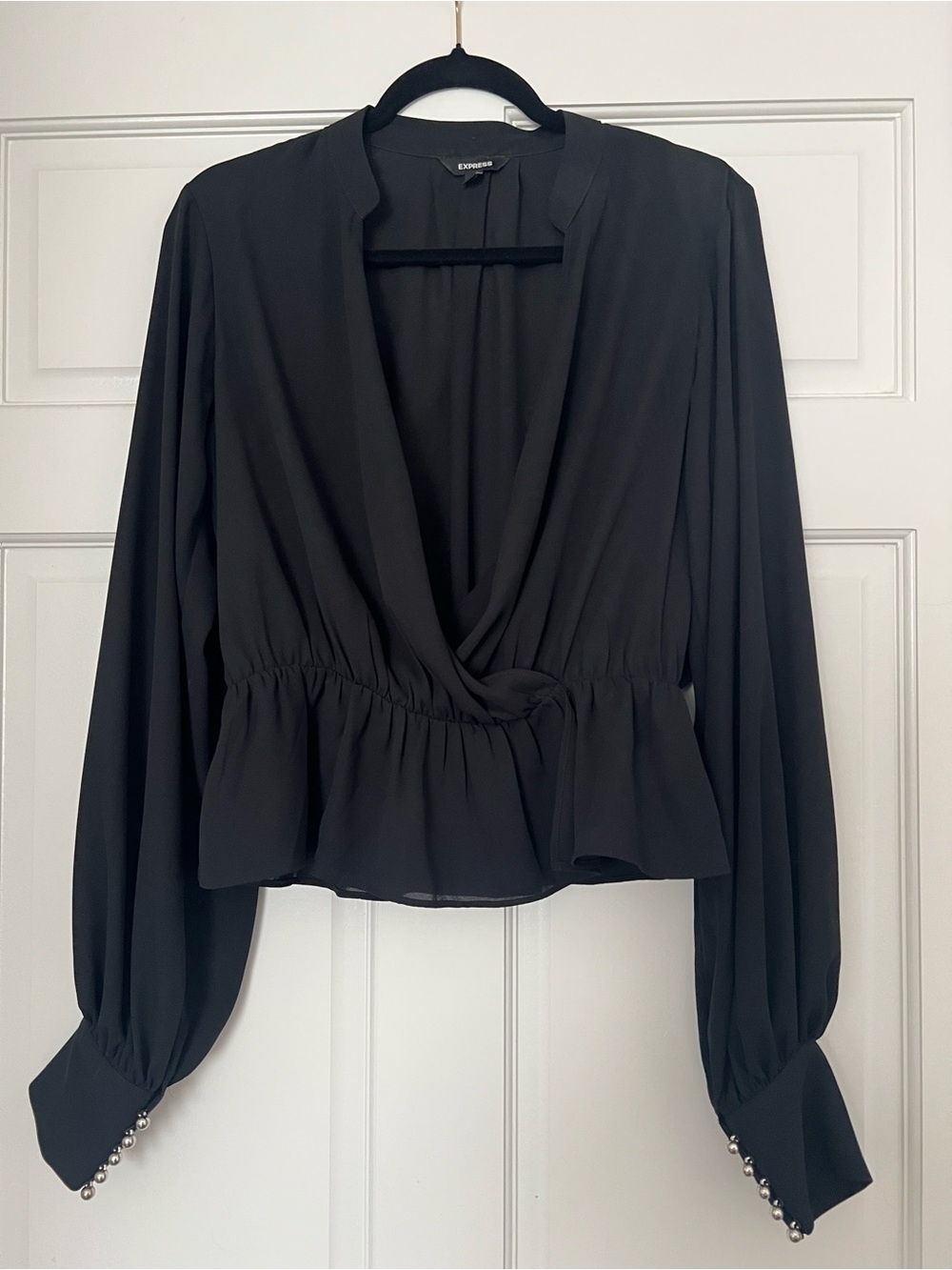 Express Black Wrap-Front Blouse with Pearl-Cuff Long Sleeves
